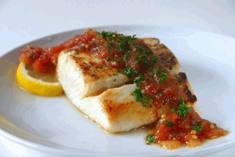 Pan-Seared Halibut with Spicy Tomato Chutney