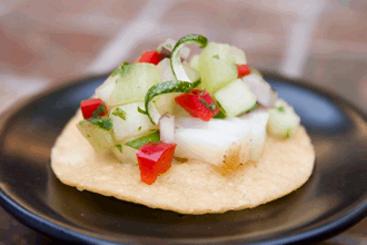 Halibut Tostadas with Melon Salsa
