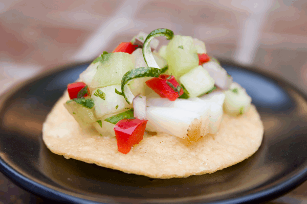 Halibut Tostadas with Melon Salsa