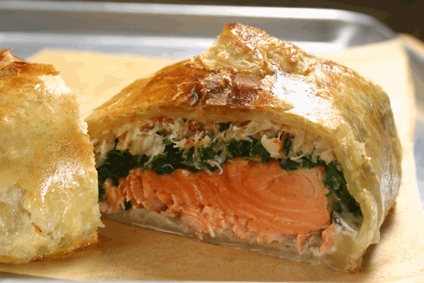 Salmon Wellington with Spinach and Dungeness Crab